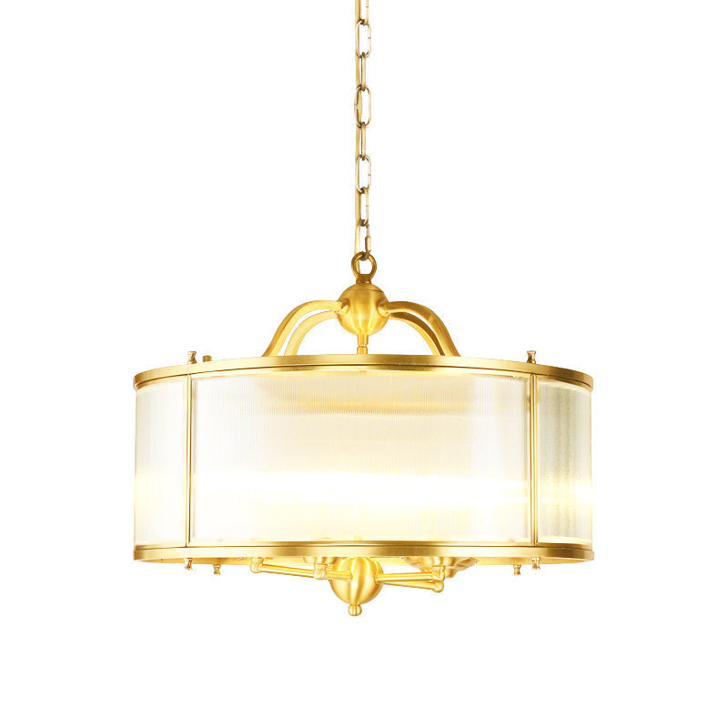 Colonial Frosted Ribbed Glass Drum Kitchen Chandelier - 4/5 Heads Gold Hanging Light Fixture