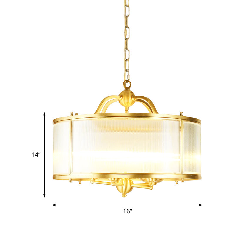 Colonial Frosted Ribbed Glass Drum Kitchen Chandelier - 4/5 Heads Gold Hanging Light Fixture