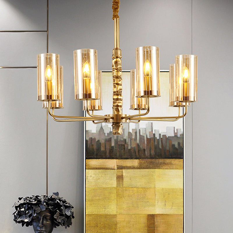 8-Head Gold Chandelier With Clear Glass Cylinders - Elegant Colonial Pendant Ceiling Light