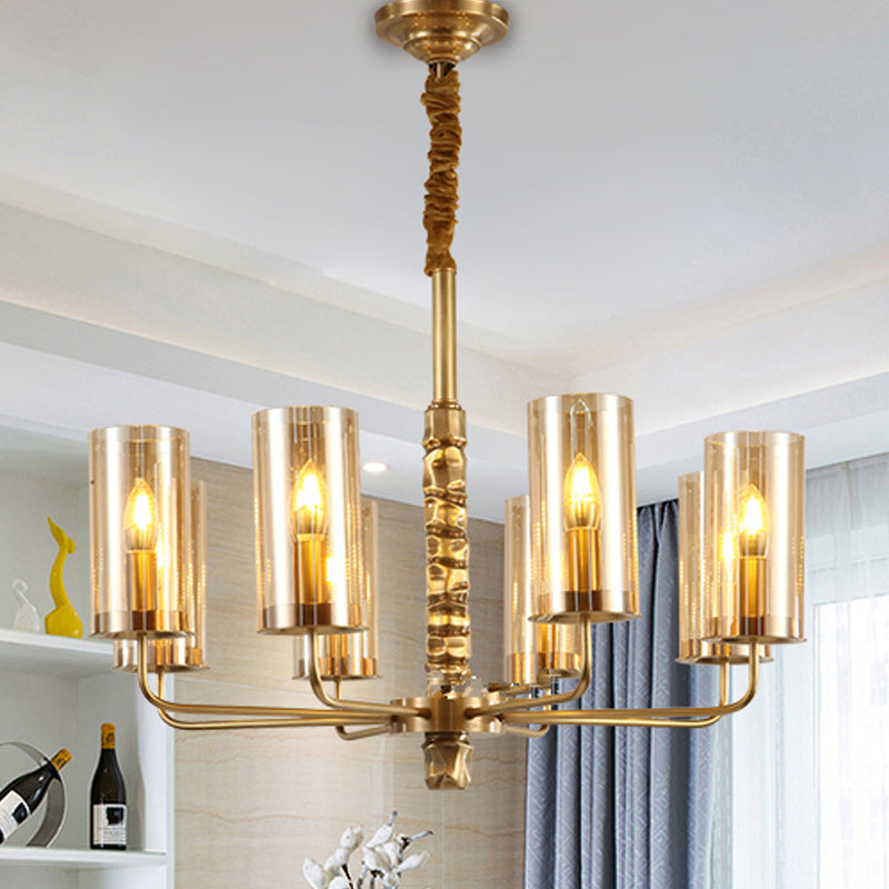 8-Head Gold Chandelier With Clear Glass Cylinders - Elegant Colonial Pendant Ceiling Light