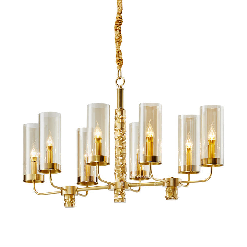 8-Head Gold Chandelier With Clear Glass Cylinders - Elegant Colonial Pendant Ceiling Light