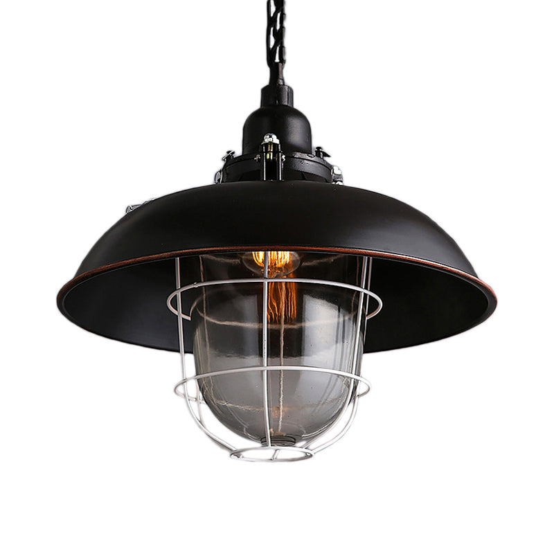 Industrial Black/Rust Metal and Glass Ceiling Light with Wire Cage - 1-Head Bowl Hanging Fixture for Restaurants