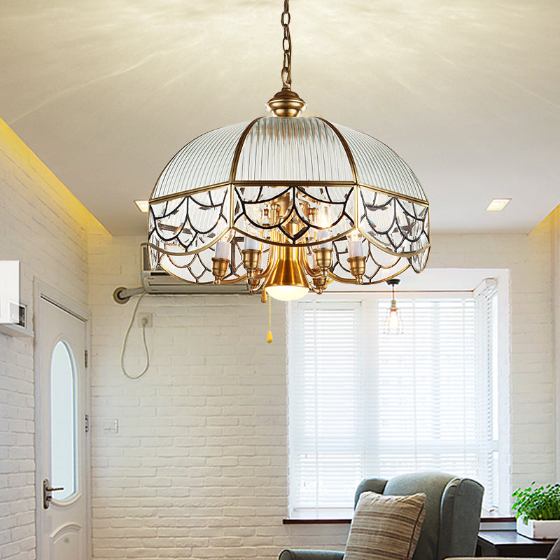 Scalloped Brass Pendant Light With 7 Frosted Glass Shades - Colonial Style