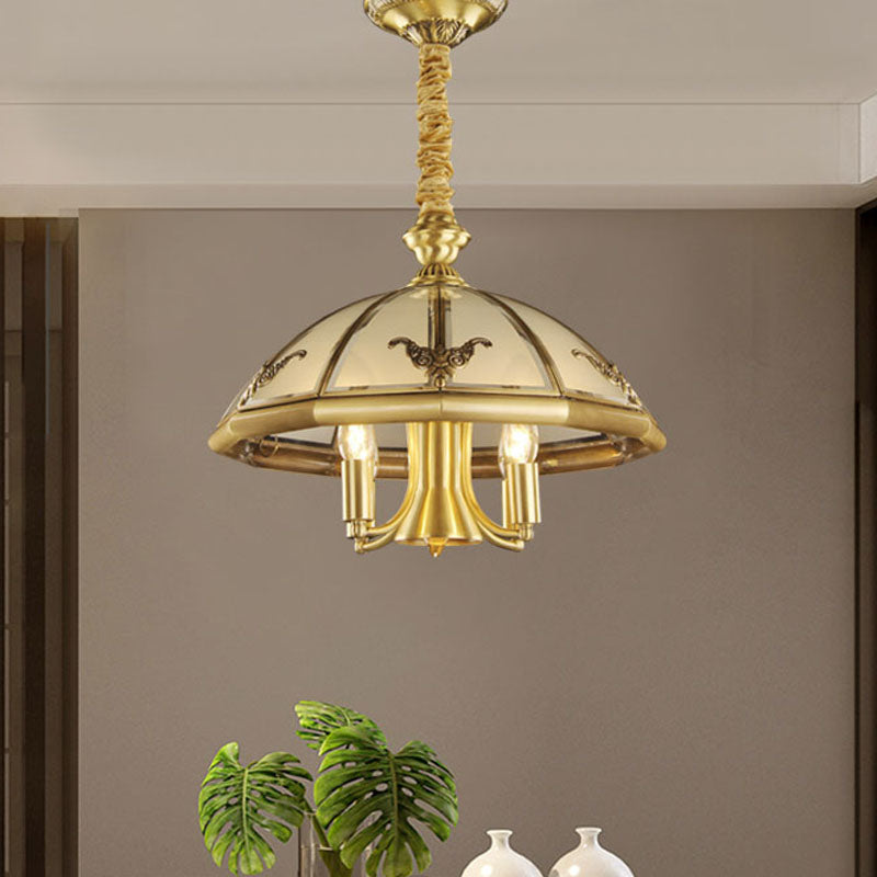 Sandblasted Glass Chandelier - Colonial Brass Dome Bedroom Pendant Lighting Fixture Set Of 5 Bulbs