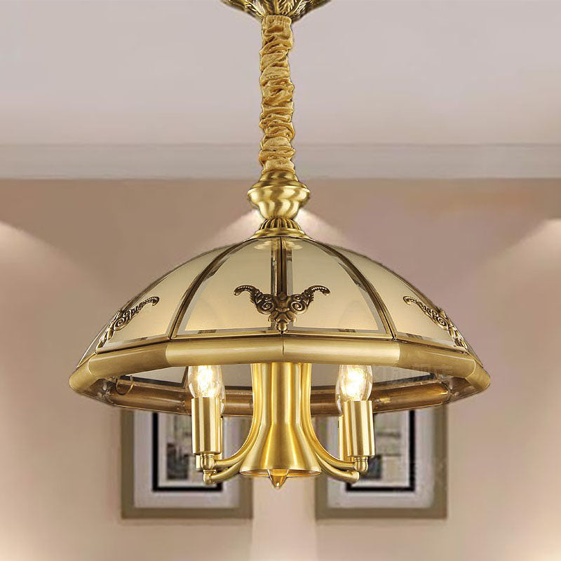 Sandblasted Glass Chandelier - Colonial Brass Dome Bedroom Pendant Lighting Fixture Set Of 5 Bulbs