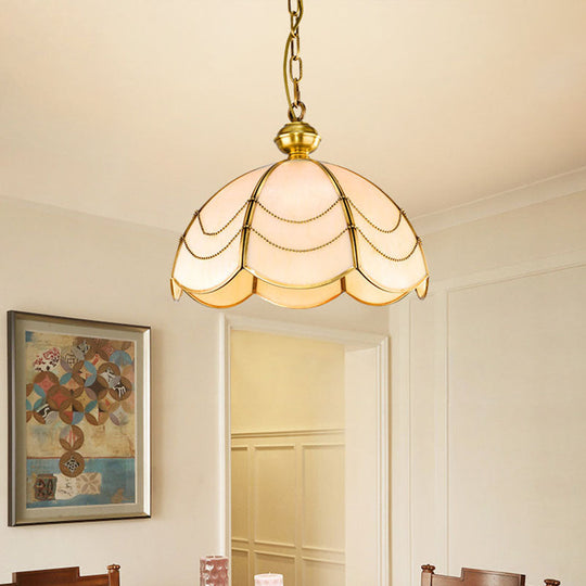 White Glass Chandelier Light - Scalloped Colonial Style Dining Room Pendant Lamp (3 Bulbs)