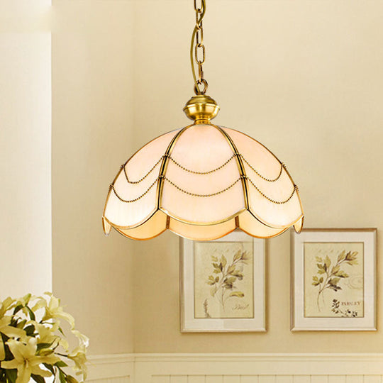 White Glass Chandelier Light - Scalloped Colonial Style Dining Room Pendant Lamp (3 Bulbs)