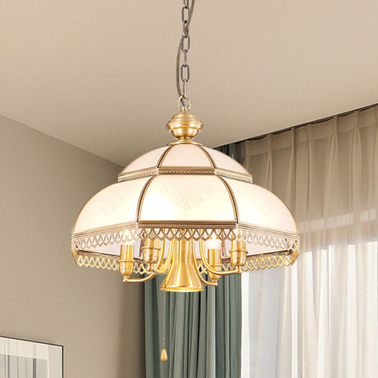 Brass Colonial Chandelier Lamp With Milk Glass Dome - 5 Heads Pendant Light For Bedroom