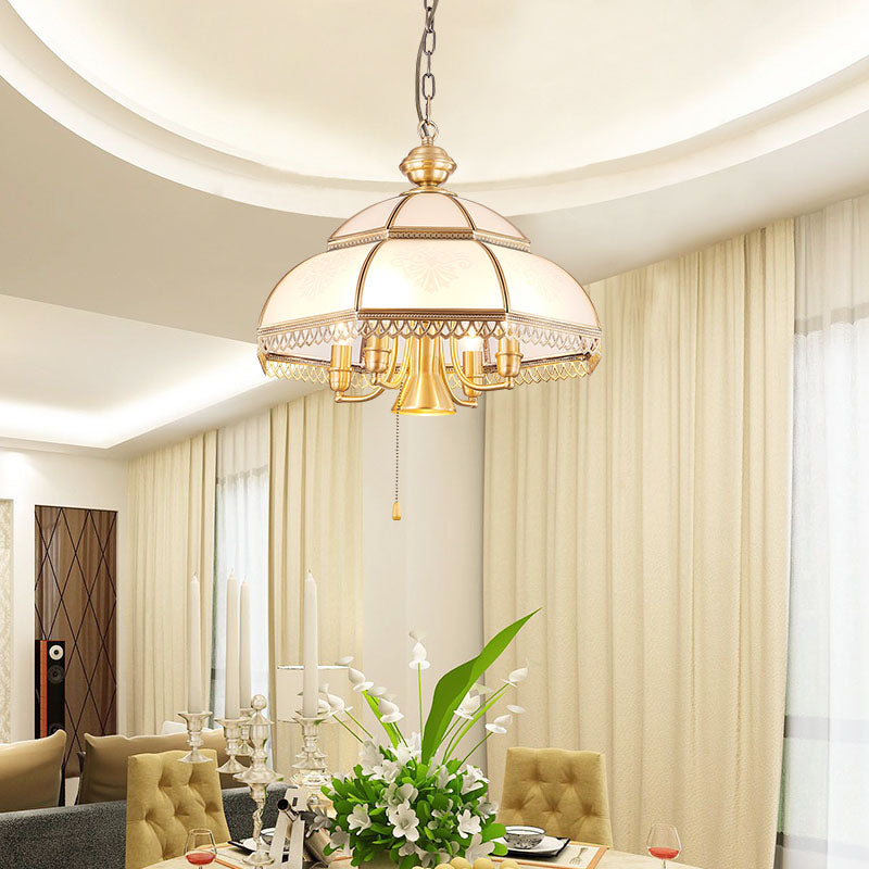 Brass Colonial Chandelier Lamp With Milk Glass Dome - 5 Heads Pendant Light For Bedroom