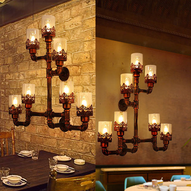 Rustic Weathered Copper Pipe Wall Lamp With Stylish Iron Design And 7 Lights - Ideal For Restaurants