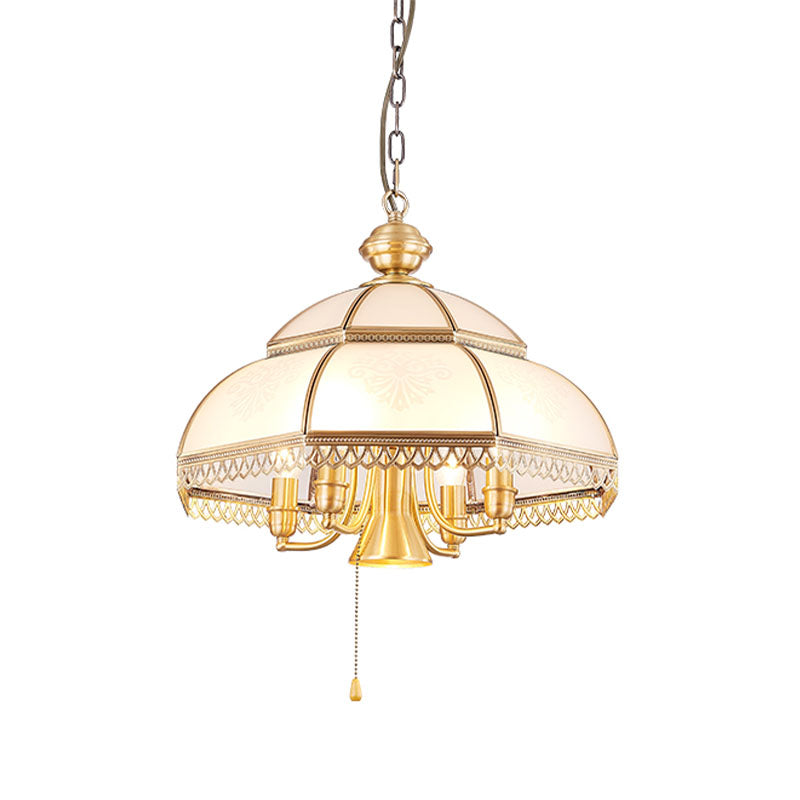 Brass Colonial Chandelier Lamp With Milk Glass Dome - 5 Heads Pendant Light For Bedroom