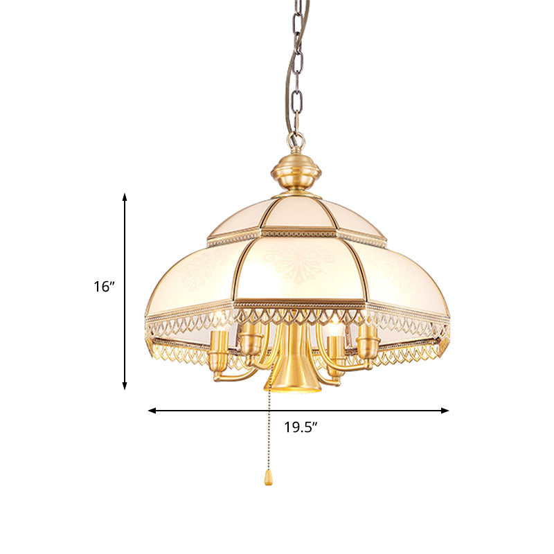 Brass Colonial Chandelier Lamp With Milk Glass Dome - 5 Heads Pendant Light For Bedroom