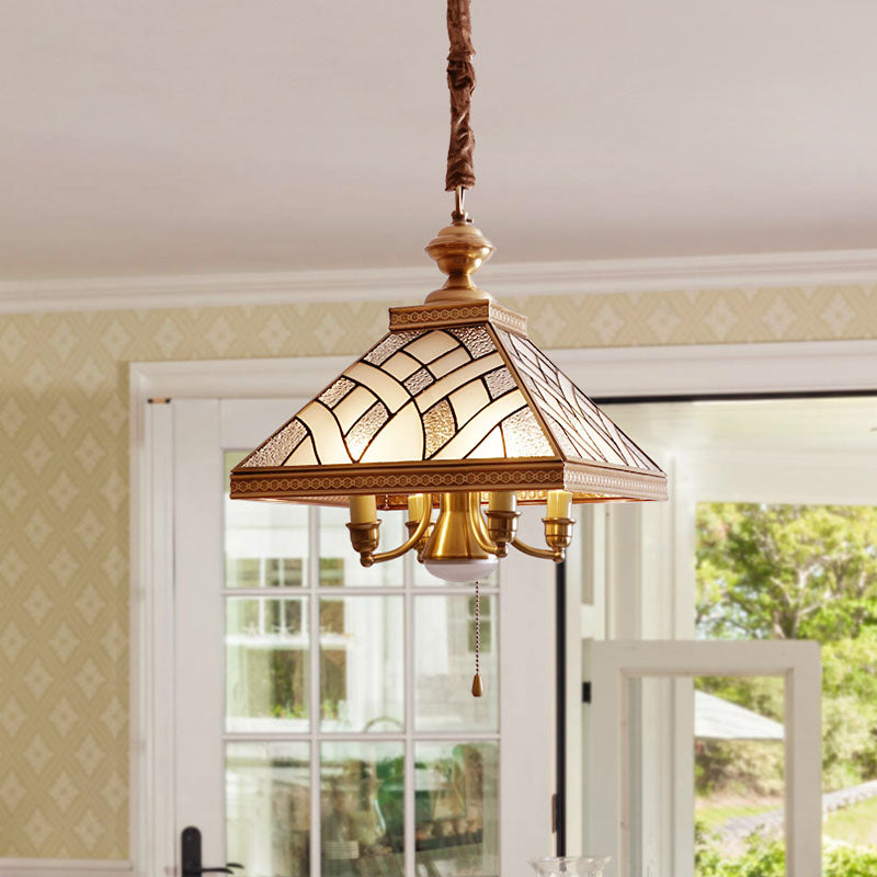 Frosted Glass Brass Chandelier - Colonial Down Lighting Pendant (5 Lights) For Dining Table