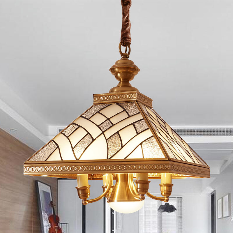 Frosted Glass Brass Chandelier - Colonial Down Lighting Pendant (5 Lights) For Dining Table