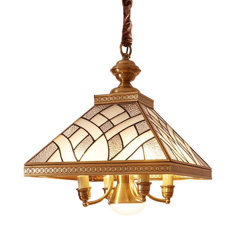 Frosted Glass Brass Chandelier - Colonial Down Lighting Pendant (5 Lights) For Dining Table