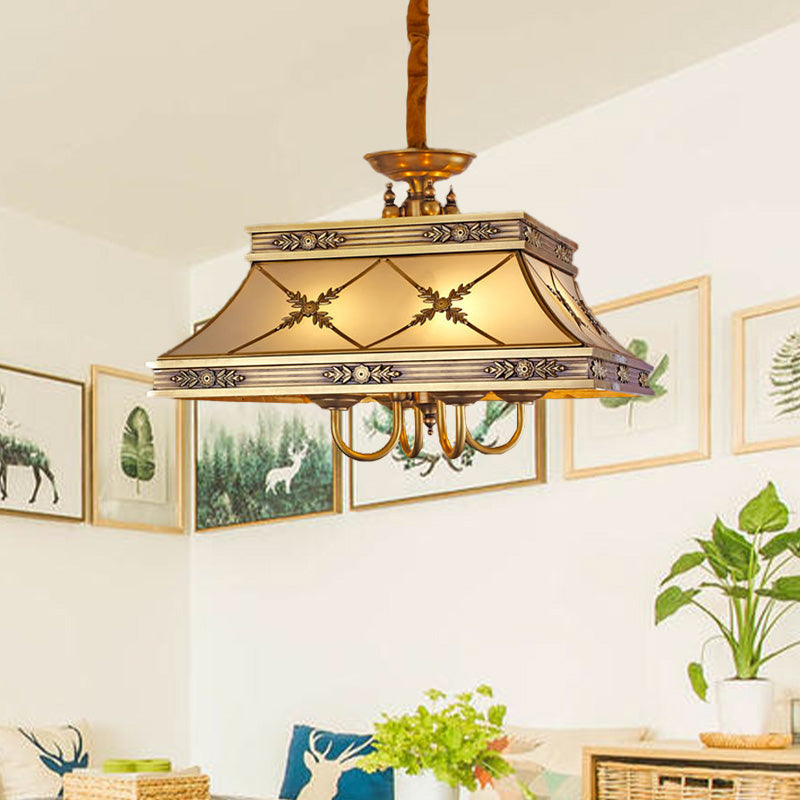 Brass Colonial Trapezoid Hanging Pendant Chandelier With Sandblasted Glass - 4 Heads Lighting