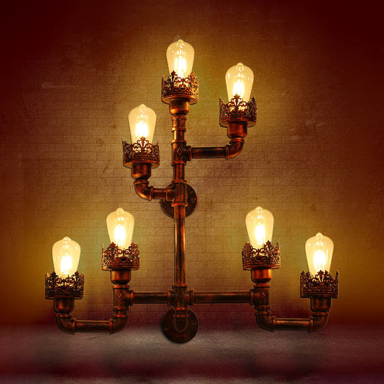 Rustic Weathered Copper Pipe Wall Lamp With Stylish Iron Design And 7 Lights - Ideal For Restaurants