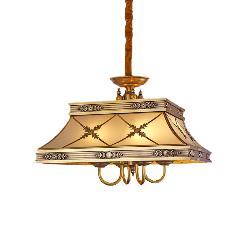 Brass Colonial Trapezoid Hanging Pendant Chandelier With Sandblasted Glass - 4 Heads Lighting