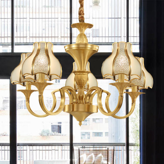 Colonial Style Gold Chandelier With Opal-White Glass Shades - 5/6 Heads