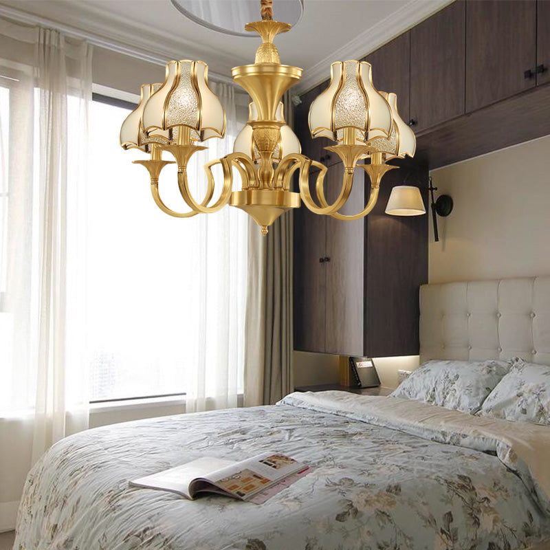 Colonial Style Gold Chandelier With Opal-White Glass Shades - 5/6 Heads