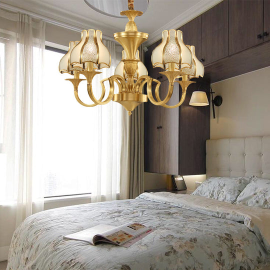 Colonial Style Gold Chandelier With Opal-White Glass Shades - 5/6 Heads