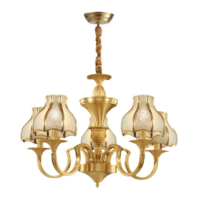 Colonial Style Gold Chandelier With Opal-White Glass Shades - 5/6 Heads