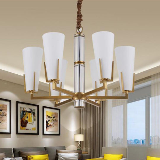 Conical Chandelier With White Opal Glass Pendant - 6/8 Heads Colonial Style Living Room Lighting