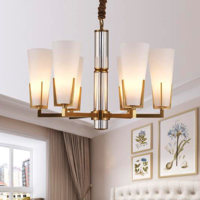 Conical Chandelier With White Opal Glass Pendant - 6/8 Heads Colonial Style Living Room Lighting