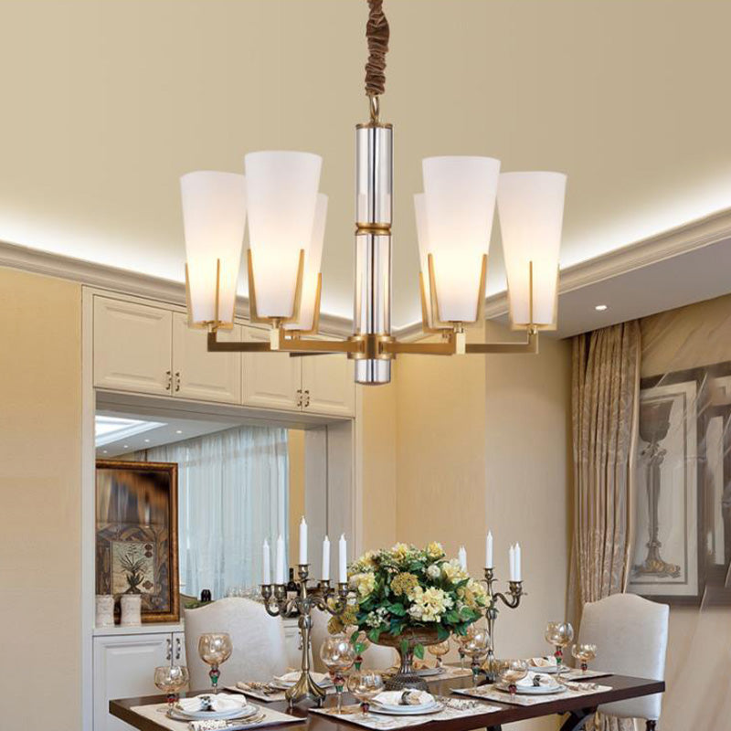 Conical Chandelier With White Opal Glass Pendant - 6/8 Heads Colonial Style Living Room Lighting