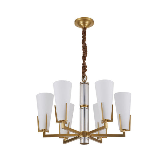 Conical Chandelier With White Opal Glass Pendant - 6/8 Heads Colonial Style Living Room Lighting