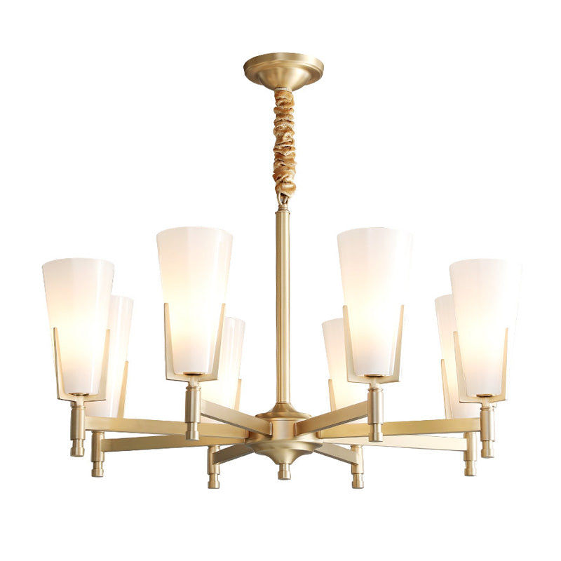 Conical Chandelier With White Opal Glass Pendant - 6/8 Heads Colonial Style Living Room Lighting