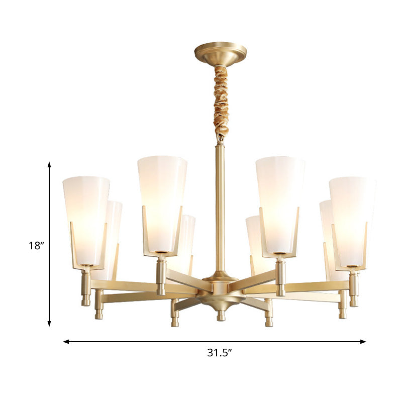 Conical Chandelier With White Opal Glass Pendant - 6/8 Heads Colonial Style Living Room Lighting