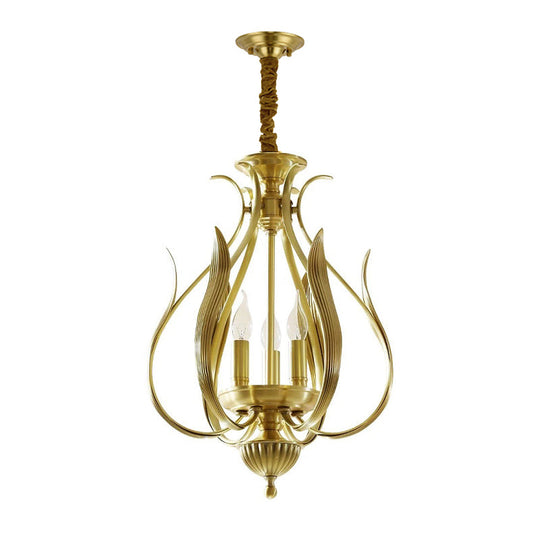 Colonial Gold Metal Candle Chandelier: 3-Bulb Hanging Lamp For Restaurants