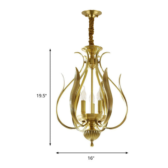 Colonial Gold Metal Candle Chandelier: 3-Bulb Hanging Lamp For Restaurants