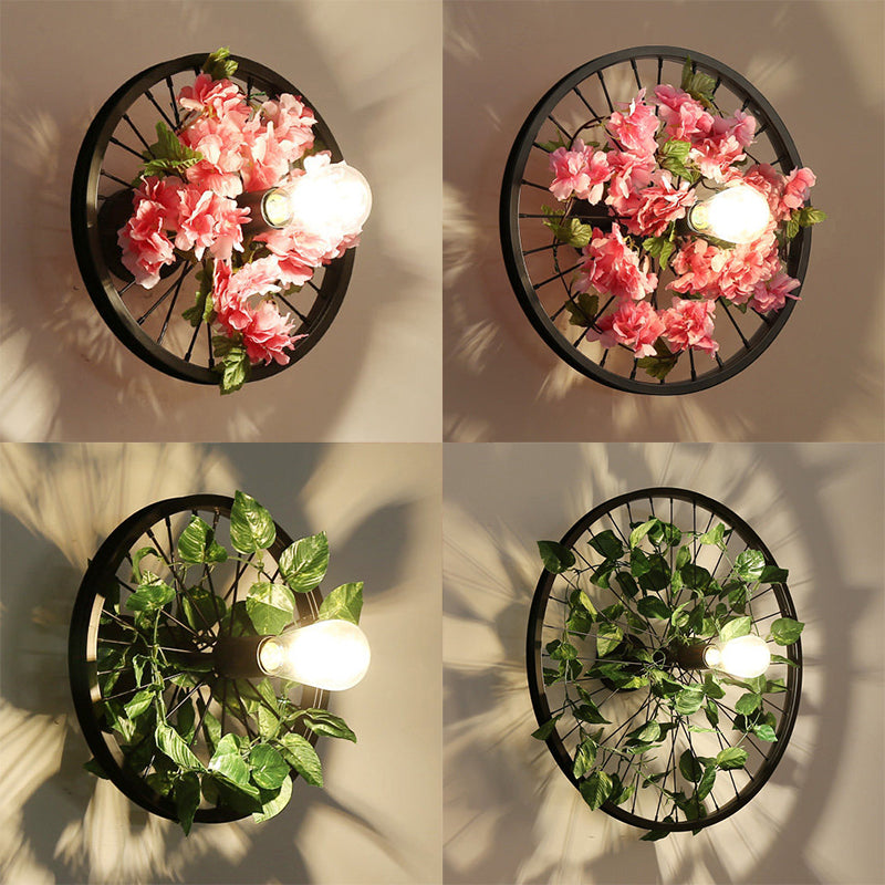 Industrial Metal Wheel Wall Mount Light With Flower/Leaf Decor 12.5/16.5 Diameter