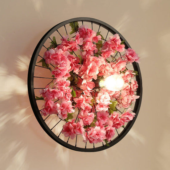 Industrial Metal Wheel Wall Mount Light With Flower/Leaf Decor 12.5/16.5 Diameter Red / 21.5