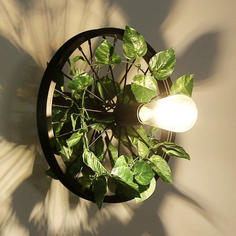 Industrial Metal Wheel Wall Mount Light With Flower/Leaf Decor 12.5/16.5 Diameter Green / 12.5