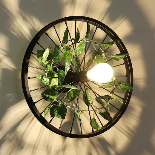 Industrial Metal Wheel Wall Mount Light With Flower/Leaf Decor 12.5/16.5 Diameter Green / 16.5