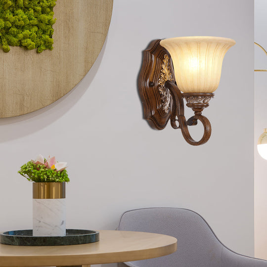 Traditional Bell Metal Wall Sconce With Opal Ribbed Glass Shade For Dining Rooms