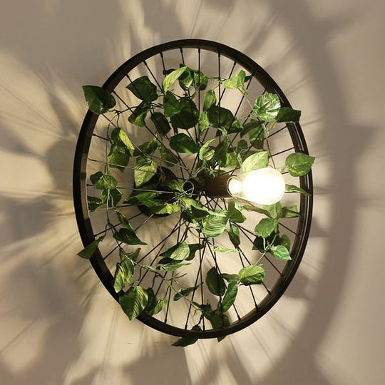 Industrial Metal Wheel Wall Mount Light With Flower/Leaf Decor 12.5/16.5 Diameter Green / 21.5