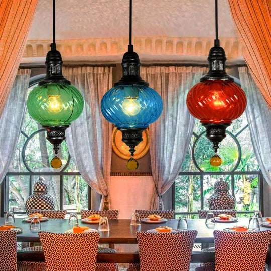 Moroccan Oval Textured Glass Pendant Light - Vibrant Red/Blue/Green Ideal For Restaurants