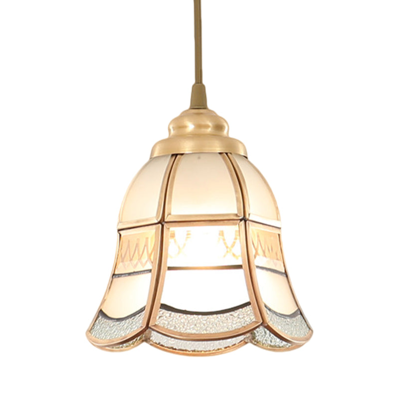 Traditional Frosted Glass Hanging Lamp Kit In Brass - 1 Light Pendant For Dining Room