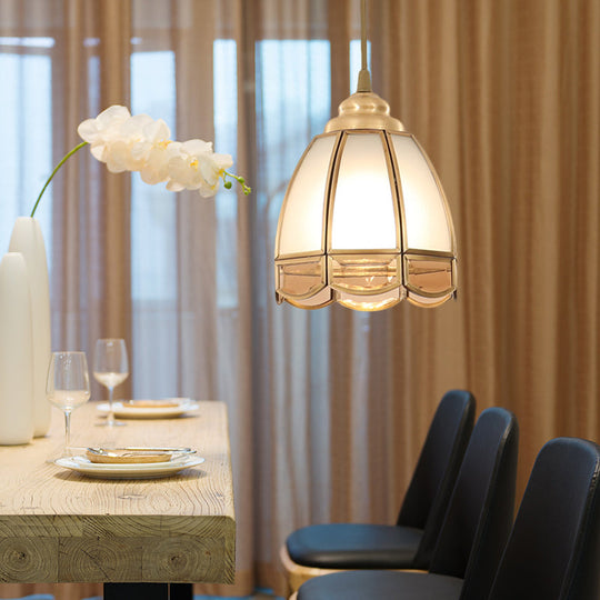 Traditional Frosted Glass Hanging Lamp Kit In Brass - 1 Light Pendant For Dining Room