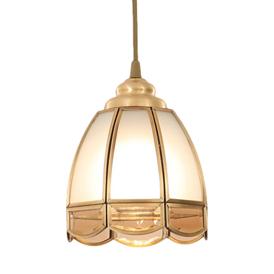 Traditional Frosted Glass Hanging Lamp Kit In Brass - 1 Light Pendant For Dining Room