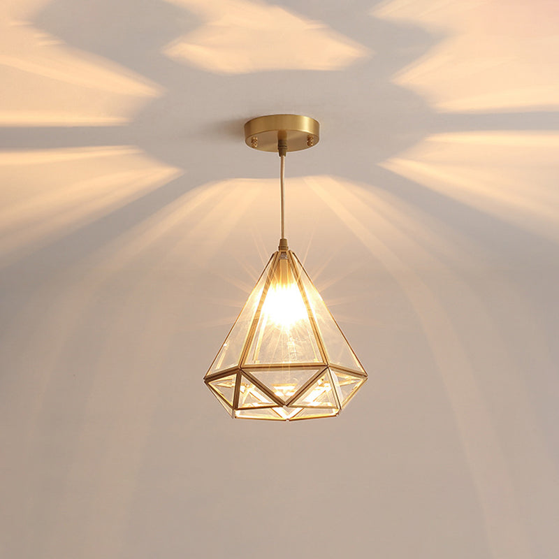 Diamond Classic Pendant Light Fixture - Clear Glass Hanging Lamp Kit In Brass 8/10 Wide 1