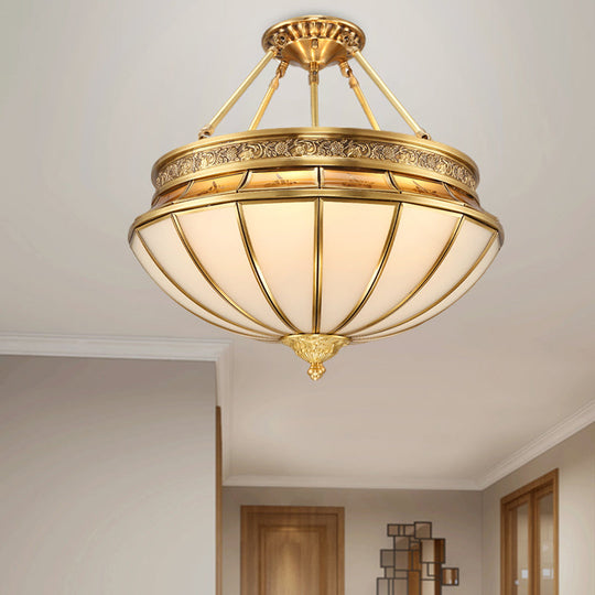 Colonial Brass Semi-Flush Mount with Inverted Frosted Glass for Living Room - 4 Lights