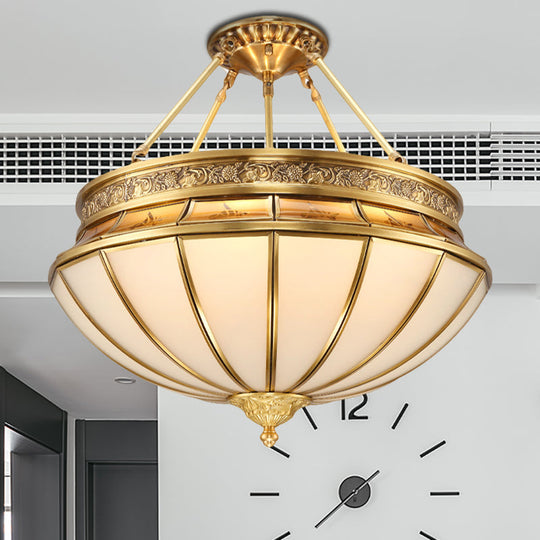 Colonial Brass Semi-Flush Mount with Inverted Frosted Glass for Living Room - 4 Lights