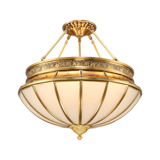 Colonial Brass Semi-Flush Mount with Inverted Frosted Glass for Living Room - 4 Lights