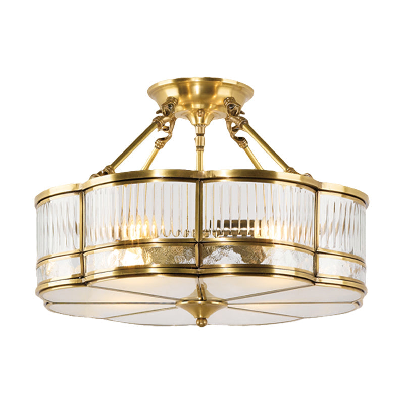 Frosted Glass Flower Semi Flush Mount Light with Brass Metal Frame - Colonial Style (3 Lights)