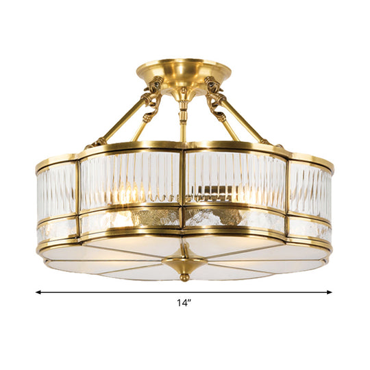 Frosted Glass Flower Semi Flush Mount Light with Brass Metal Frame - Colonial Style (3 Lights)